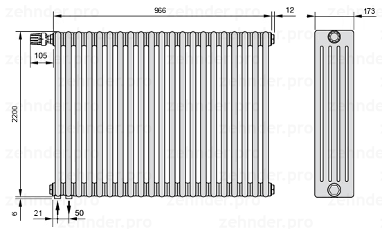 Схема (чертеж) Радиатор Zehnder Charleston 5220/21 №V001 Белый глянцевый RAL 9016